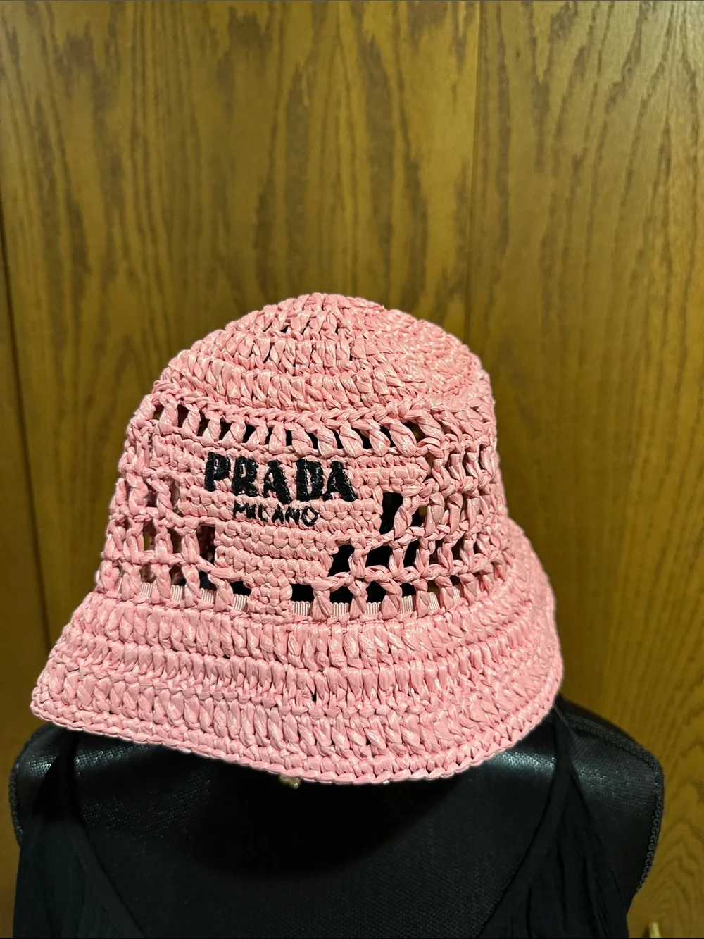 Prada Pink Crochet Bucket Hat with Black Logo